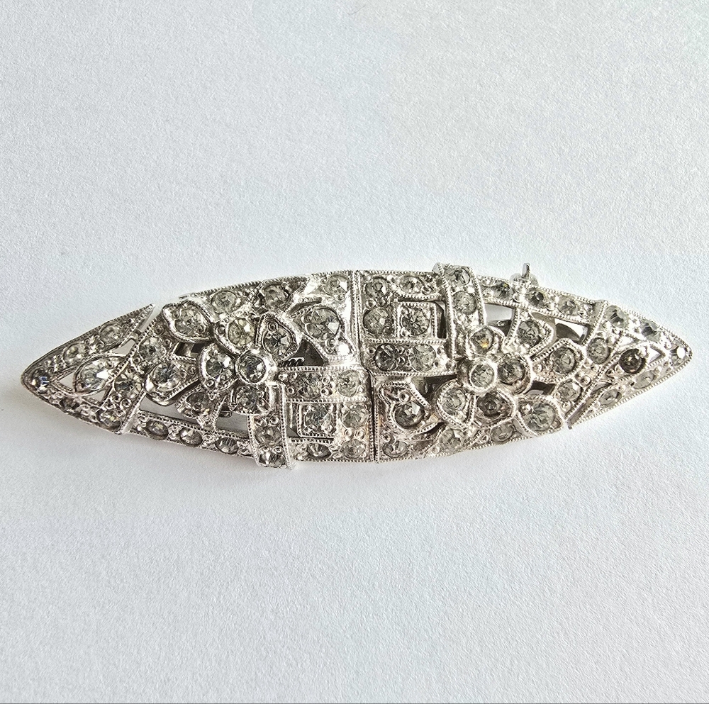 Vintage Duette brooch clips clear rhinestones Silver tone art deco pin